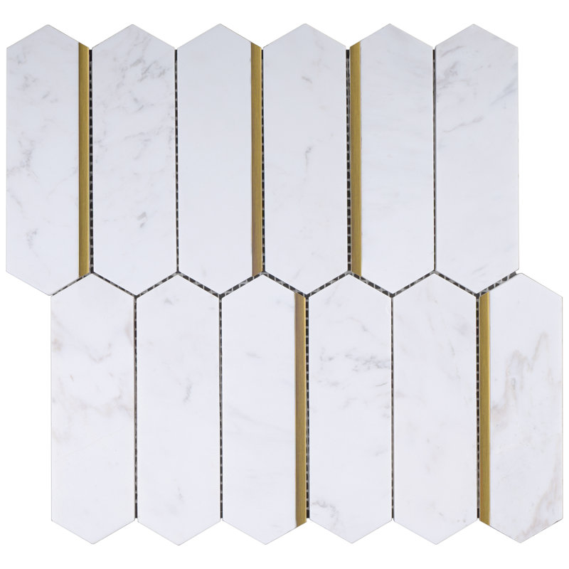 Natural Dorato 1" X 6" Marble Mosaic Wall Tile, White/Gold