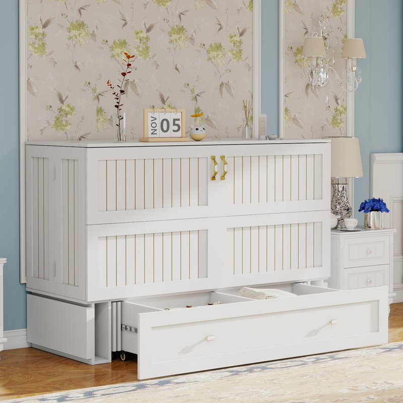 Grand lit escamotable blanc crème avec volets de rangement, matelas escamotable pour grand lit en bois pour chambre à coucher et salle polyvalente