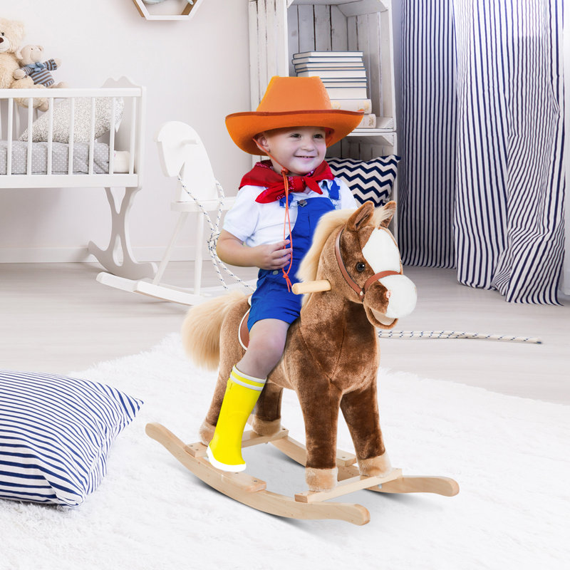 Qaba Kids Rocking Horse, Plush Toddler Rocker, Wooden Base Ride-On Toy with Handle Grip, Traditional Toy for Kids 36M+, Brown