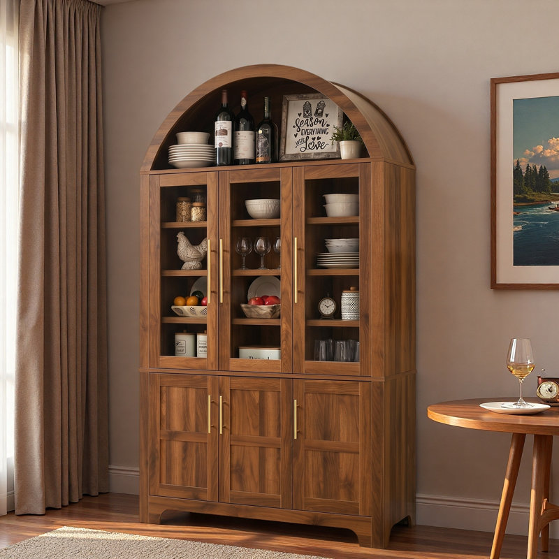 Garde-manger arqué avec portes en verre, tablettes arquées ouvertes, supports de rangement internes à 4 portes et tablettes réglables
