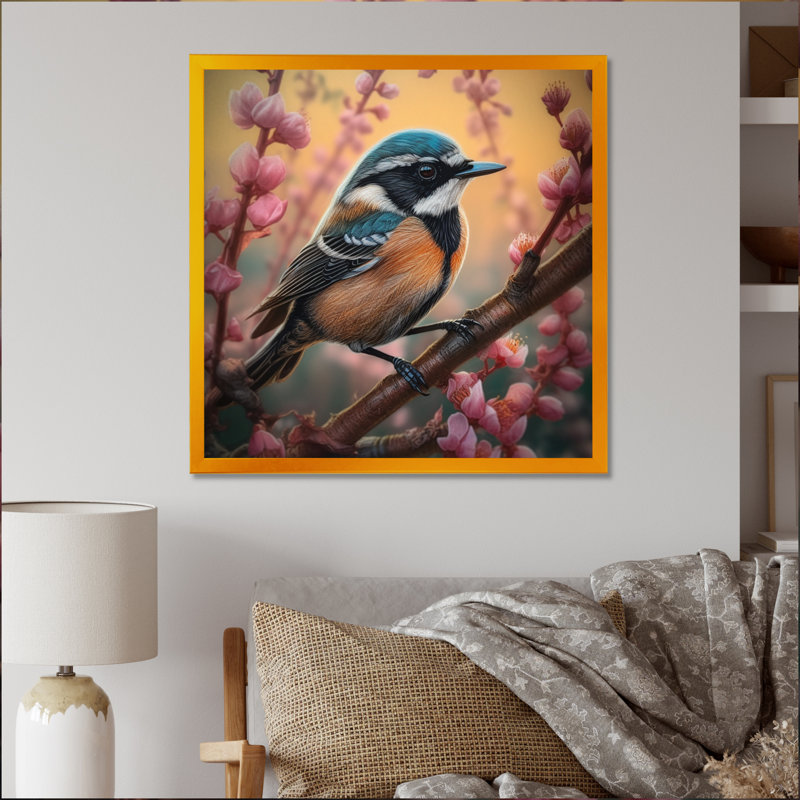 Oiseau bleu sur une branche, H 16 po x l 16 po x P 1 po, Encadrement doré