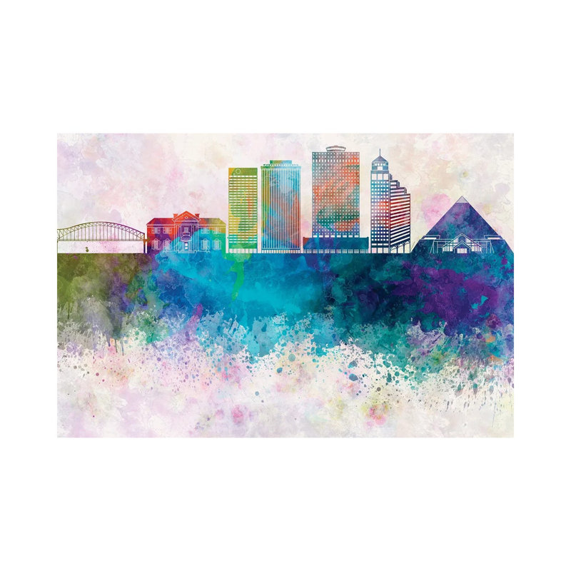 Memphis II Skyline In Watercolor Background by Paul Rommer - Gallery-Wrapped Canvas Giclée on Canvas, No Frame