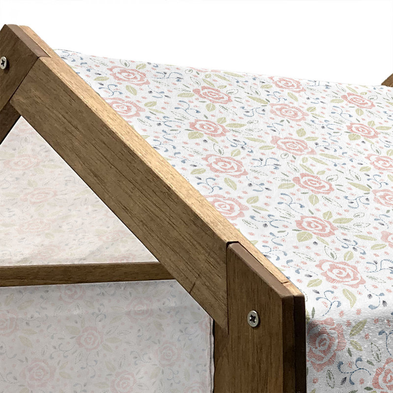 Floral Patterned Wooden Dog House with Canopy and Pillow