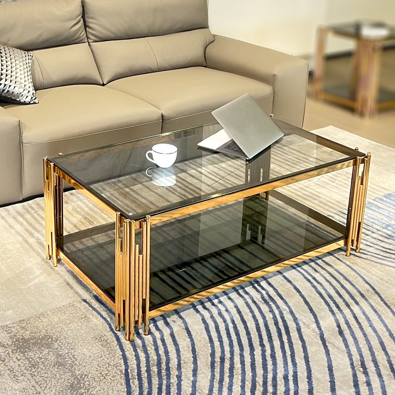 47.24" Wide Rectangular Coffee Table With Tempered Glass Top, Stainless Steel Double-layer Coffee Table For Living Room, Gold