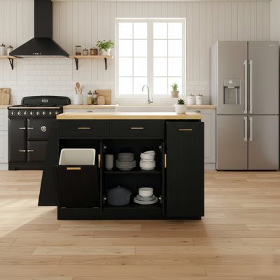 Multi-Functional Kitchen Island Sideboard With Sliding Door Cabinet, Trash Can Storage, And 3-Tier Spice Rack For Dining Room