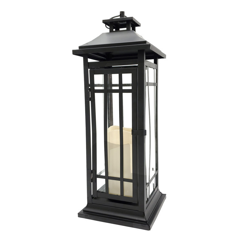 Battery Operated Black Window Metal Lantern with LED Candle, 17" H x 5" W x 5" D