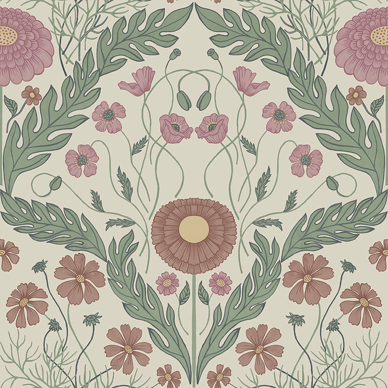 Rouleau de papier peint damassé Marguerite L 33 po x l 20,5 po Marguerite, Vert et rose