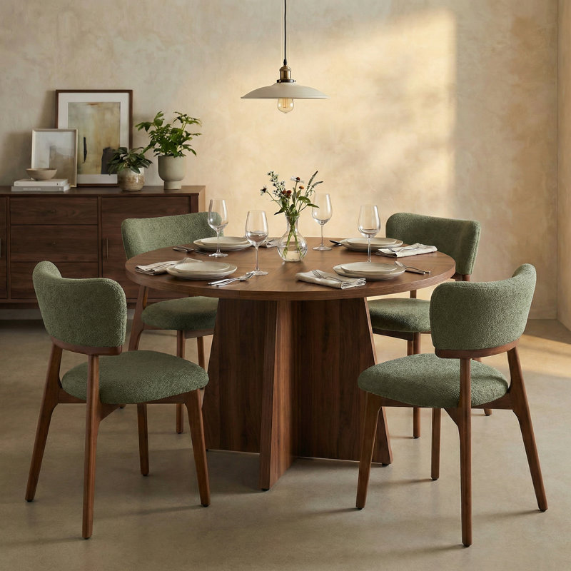 Rohun 47.2"L Round Modern Kitchen Dining Table Set With 32.1"H Dining Chair, 5 Pieces: Table, 4 Chairs, Green, Dark Brown