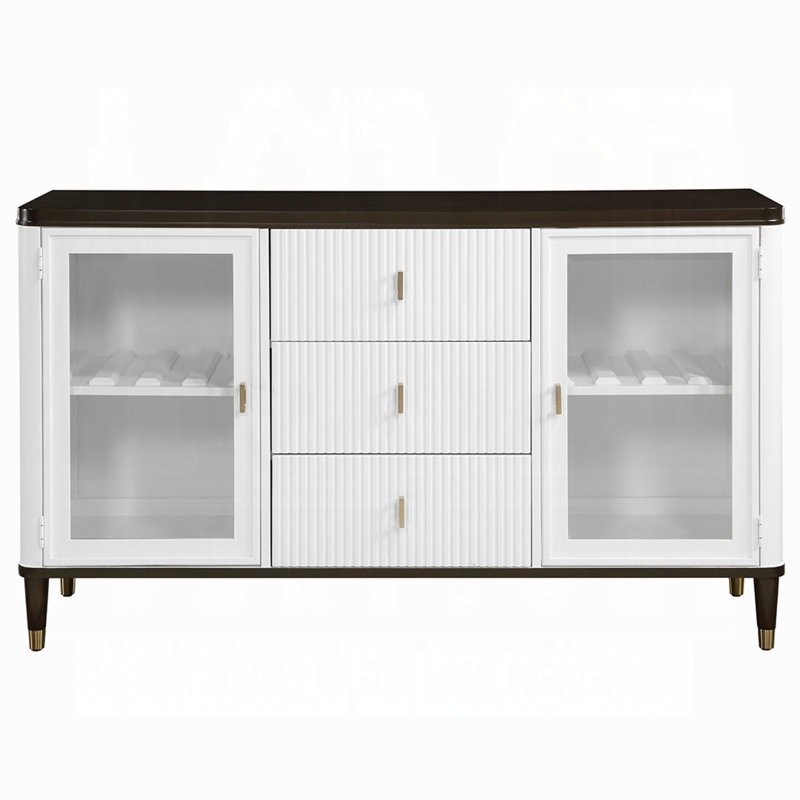 Buffet Aren, 3 tiroirs, 2 portes en verre, blanc, brun, 62 po