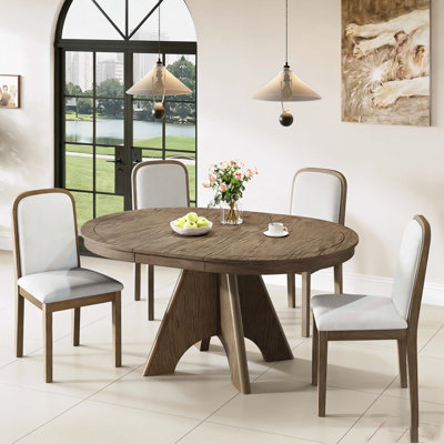 Vintage Extendable Dining Table Set for 4-6 with 4 Upholstered Chairs, 42 to 58-Inch Rustic Farmhouse Kitchen Table Set with Distressed Finish and Sturdy Crossed Legs