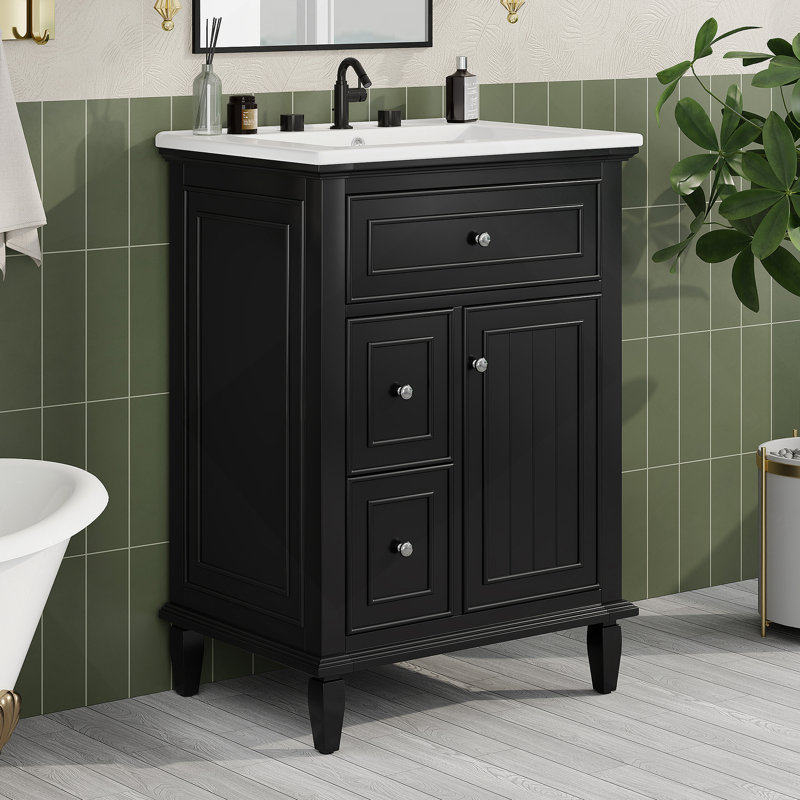 Meuble-lavabo avec lavabo, meuble-lavabo avec tablette réglable, un tiroir rabattable et deux tiroirs, Noir