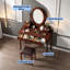 Bureau de coiffeuse avec miroir à angle réglable, tabouret rembourré et 5 tiroirs-503472504