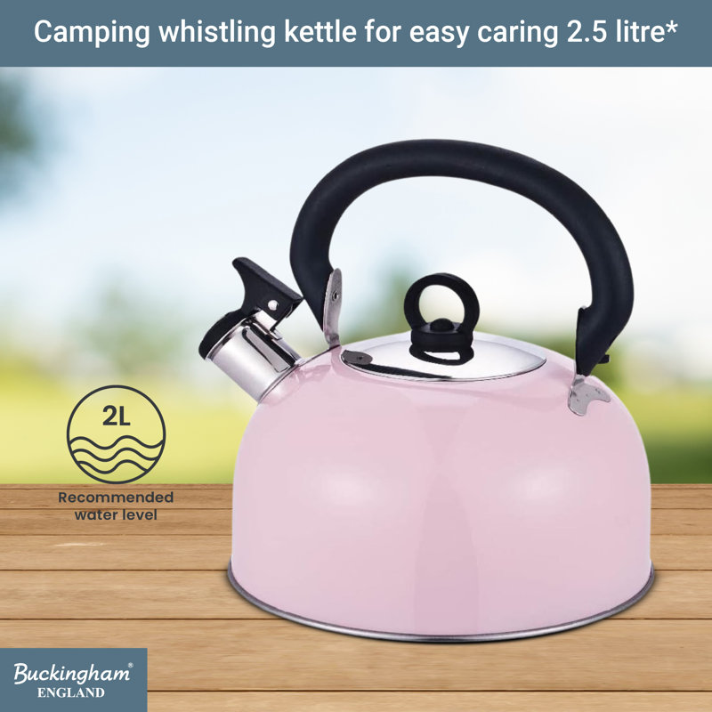 Buckingham Camping Whistling Kettle Stainless Steel with Heat-Resistant Handle 2.5 Litres , Pink