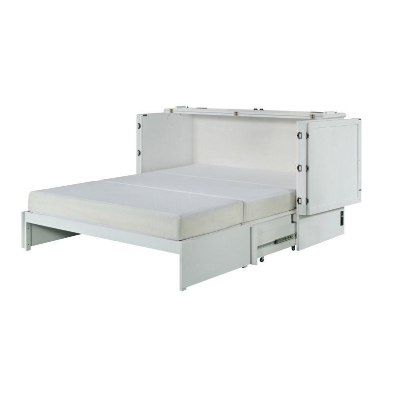 Grand lit escamotable en bois massif avec matelas Aabia, Blanc