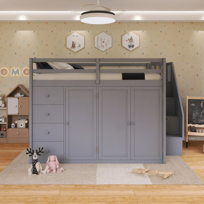 Wood Frame Full Size Loft Bed With Built-In Wardrobes, Cabinets And Drawers