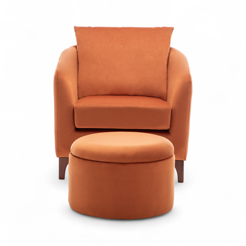 Upholstered Barrel Chair with Footstool, Orange Velvet