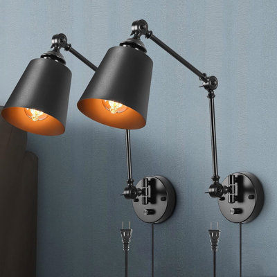 Ensemble de 2 appliques murales à intensité variable avec bras pivotant à intensité variable, applique murale à brancher avec cordon de gradateur, luminaire de lecture industriel en métal noir mat fixé au mur pour le salon de la chambre à coucher