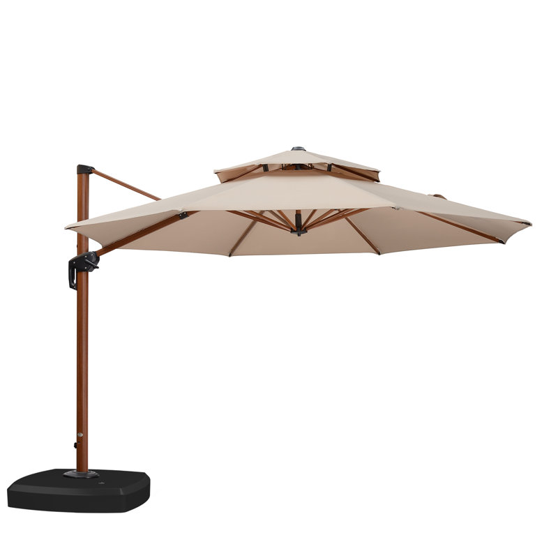 Grand parasol en porte-à-faux rond en bois avec base à roulettes, 132 po, beige, Beige