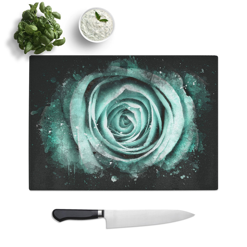 Tempered Glass Mint Green Rose Chopping Board, 20 cm x 28.5 cm