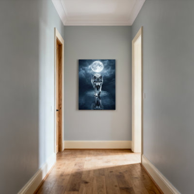 Wolf Under Full Moon Canvas Wrapped Wall Art Oil Painting Print Set Of 1