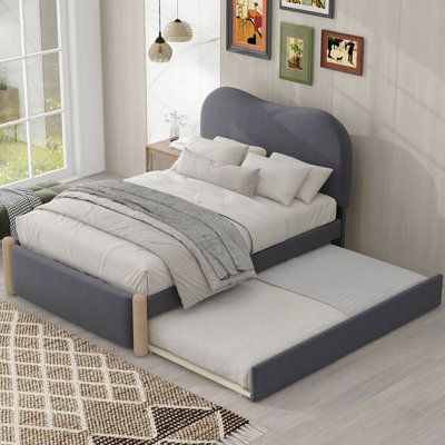 Lit plateforme simple tapissier avec pieds de support en bois et lit gigogne simple