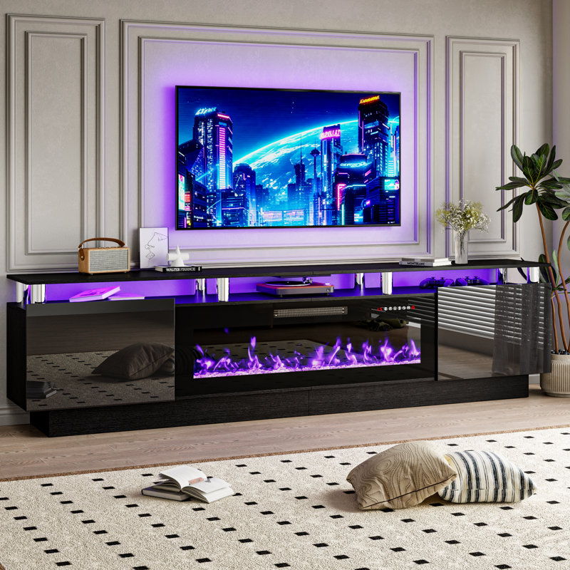 Alazik TV Stand with Electric Fireplace, Black/Silver, Black, 24”H x 14”L x 80”W