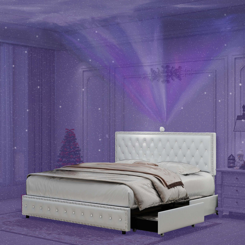 Upholstered Platform Storage Bed Frame With Galaxy Projector, 4 Dustproof Storage Drawers, Adjustable Vintage Nailhead Trim Headboard