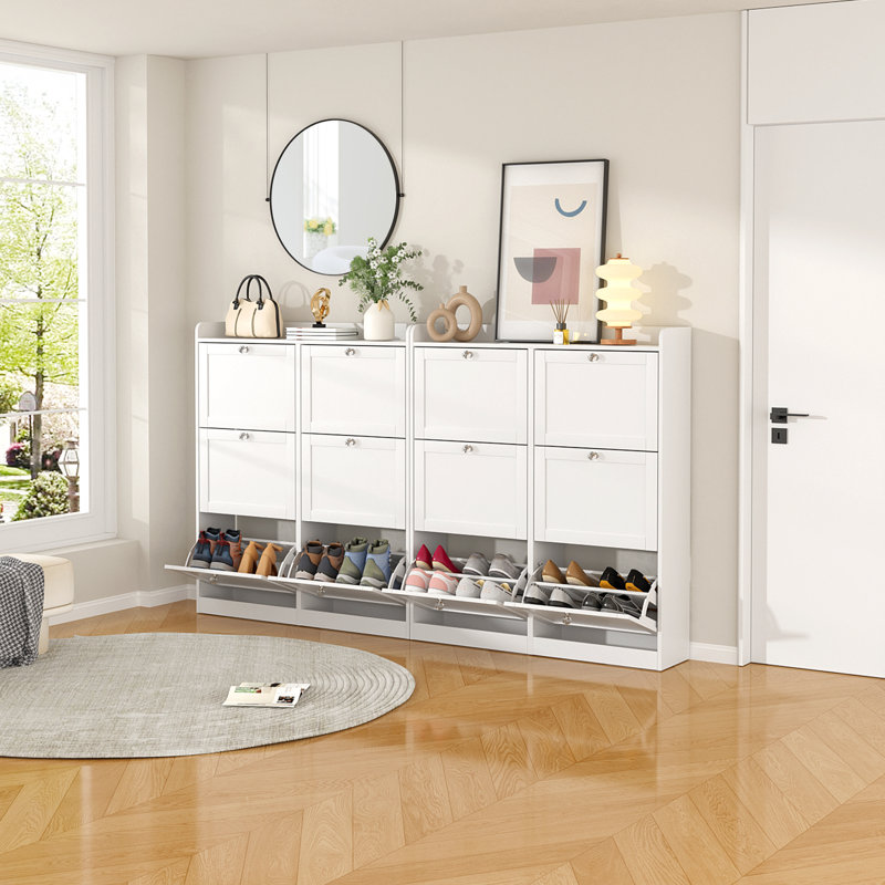 Armoire de rangement étroite pour chaussures avec 6 tiroirs rabattables et plateau de rangement, étagère à chaussures avec poignées en diamant (ensemble de 2)