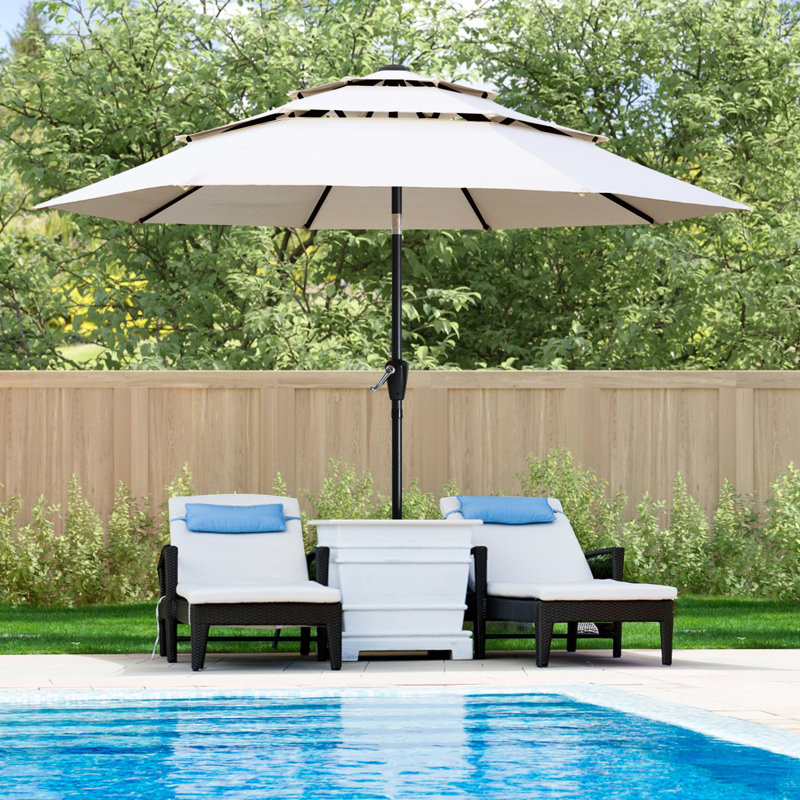 3 tier patio umbrella PatioKingdom 9FT Outdoor Umbrella, Autotilt 8 Sturdy Fiberglass Ribs Miqdad 132'' Tilt Market Umbrella