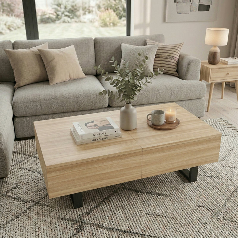 Table basse coulissante avec rangement dissimulé, plateau en bois extensible, Naturel