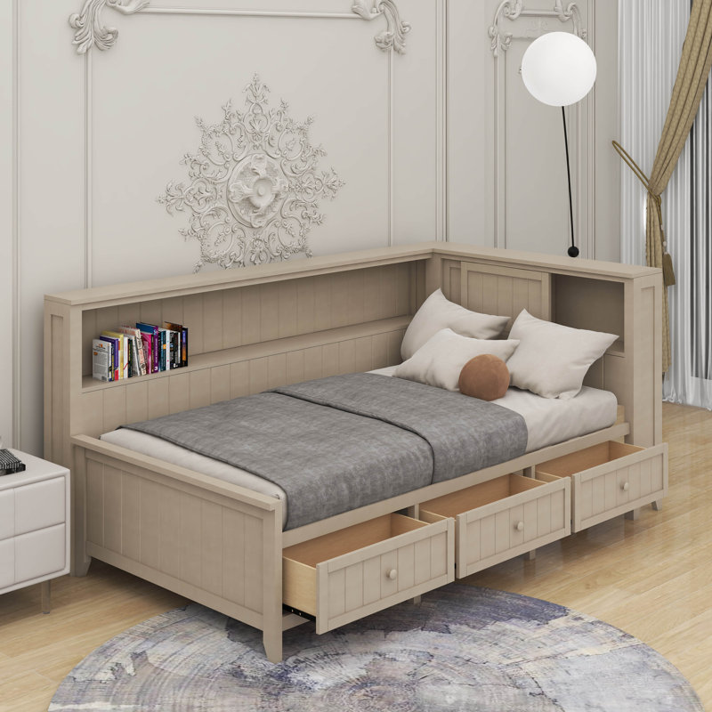 Lit de jour en bois avec tablettes et tiroirs de rangement, Lit simple
