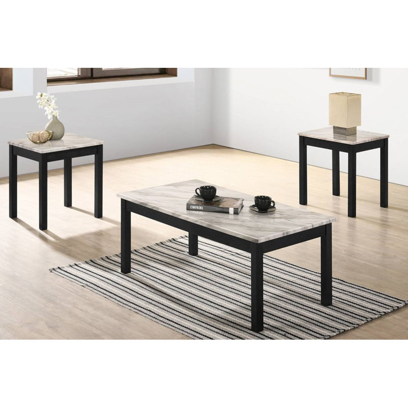 Table basse 3 pièces avec plateau en faux marbre, Blanc