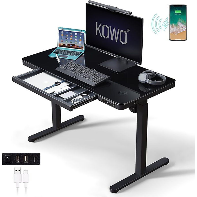 48" Black Glass Electric Height Adjustable Standing Desk with Drawer