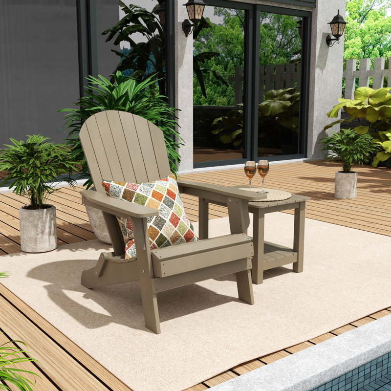 Arrlo Foldable Outdoor Adirondack Chair With Table, Taupe