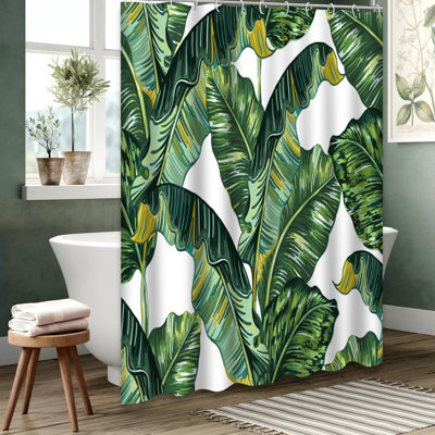 Rideau de douche vert à motif de feuilles de bananier avec 12 crochets