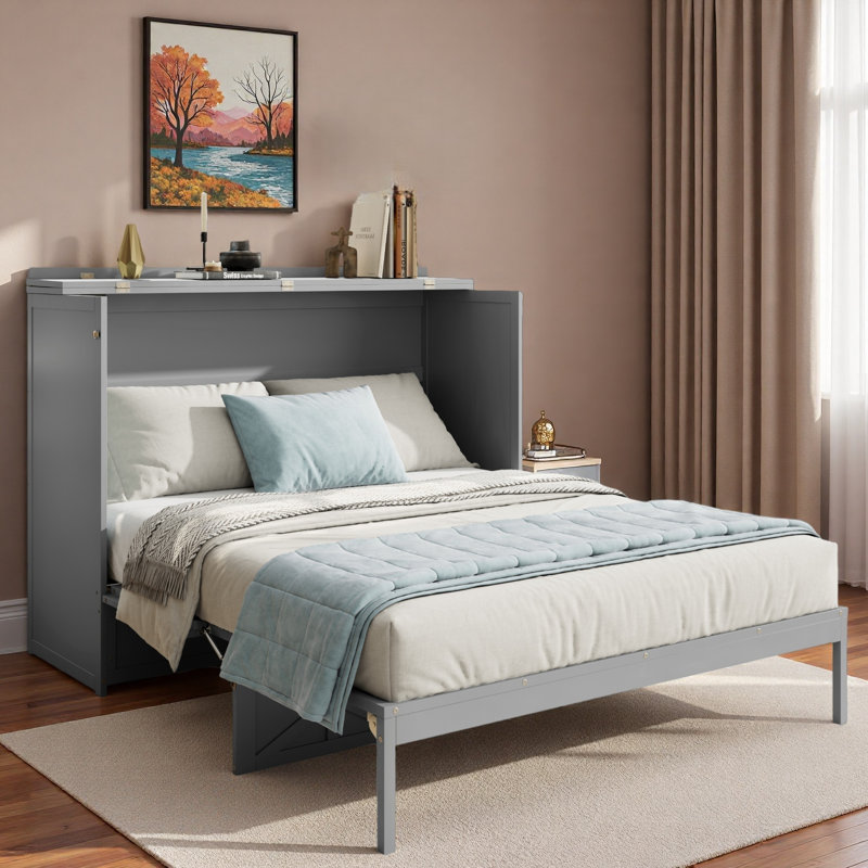 Lit escamotable avec grands tiroirs et USB, Gris