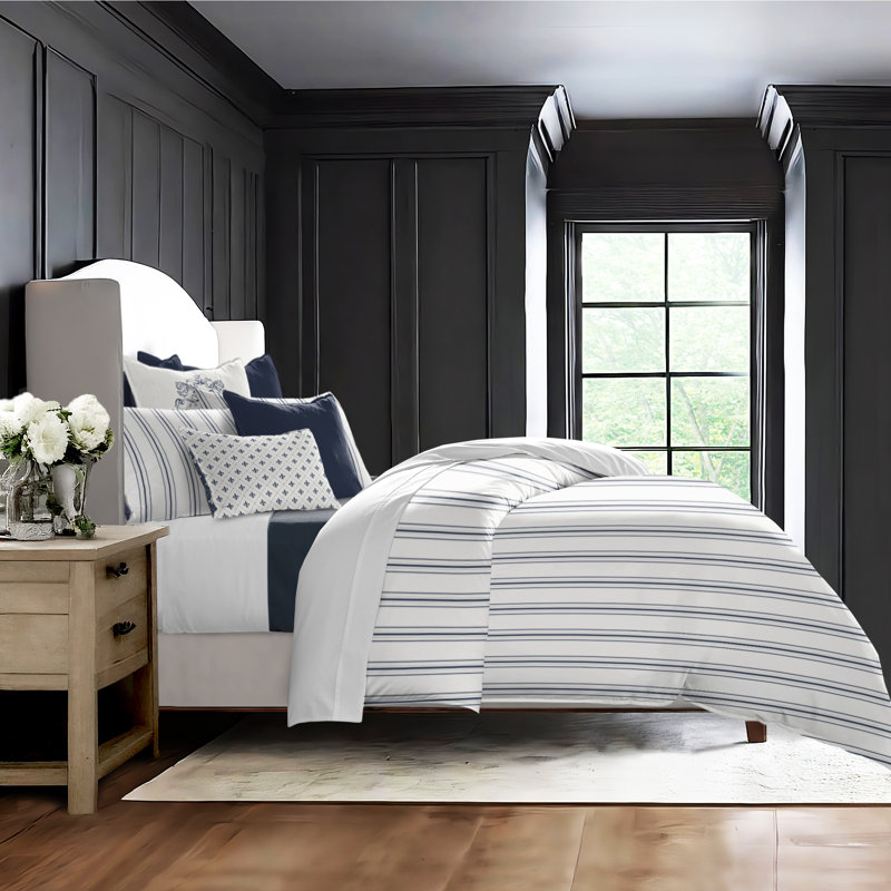 August Stripe Reversible Cotton Duvet Cover Set, Denim, Queen Duvet Cover + 2 Queen Shams
