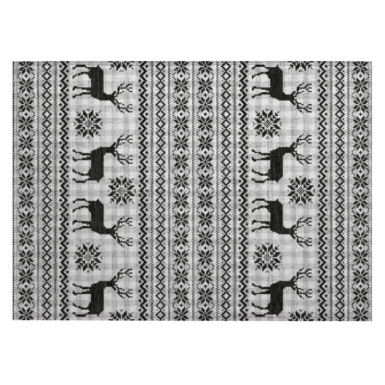 Machine Washable Indoor/Outdoor Christmas Reindeers Xhevrie Silver Rug