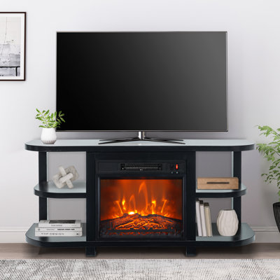 Meuble télé 48 po avec foyer électrique encastrable 18 po et tablettes de rangement ouvertes pour téléviseur de 55 po ou moins