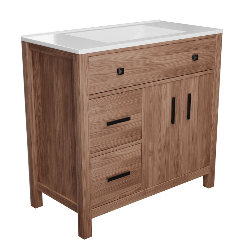 Meuble-lavabo simple 36 po avec plateau en résine et lavabo sur pied, Marron clair