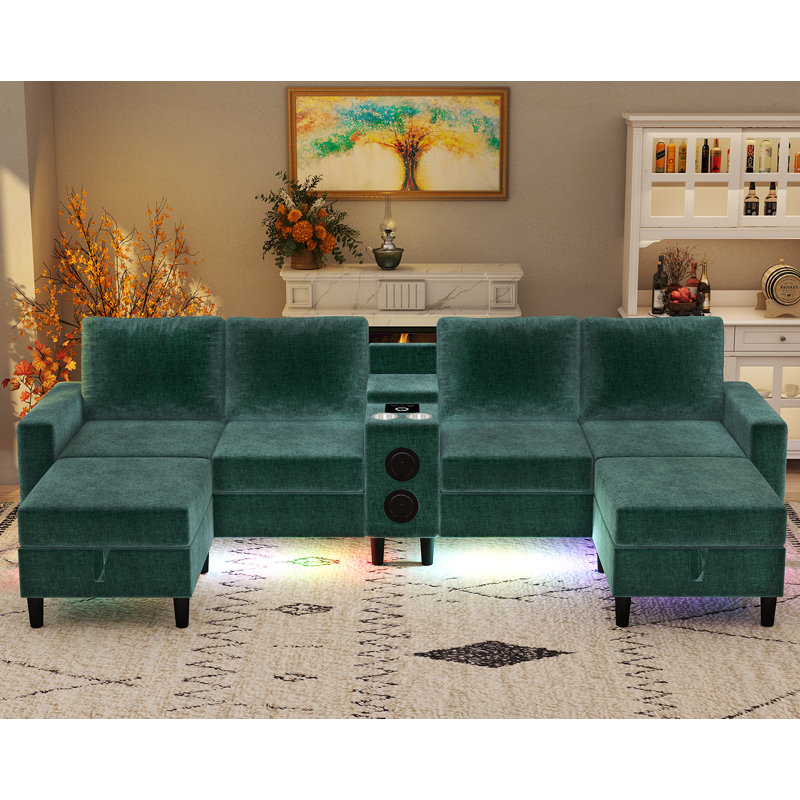 6 Seat U Shaped Chenille Sectional Sofa With Smart Module-Bluetooth Speaker/Rgb Light/Charging Station, Green