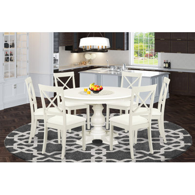 7-Piece Dining Room Table Set 6 X-Back Wooden Chairs with Faux Leather and Round/Oval shape Table - Linen White Finish