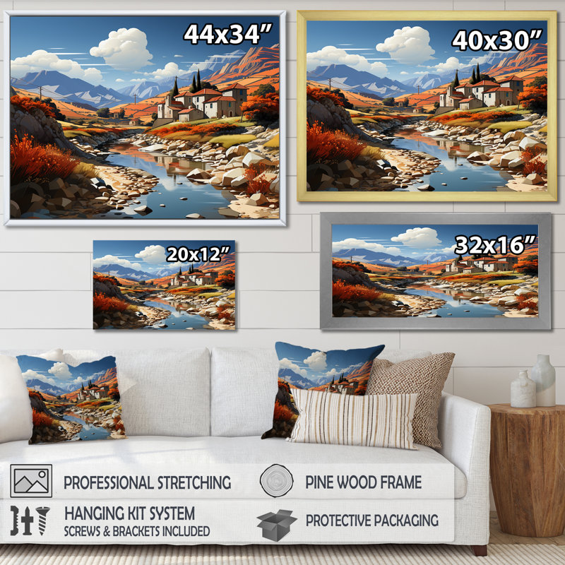 Paysage méditerranéen audacieux sur toile, Cadre doré simple, H 24 po x l 32 po x P 1 po