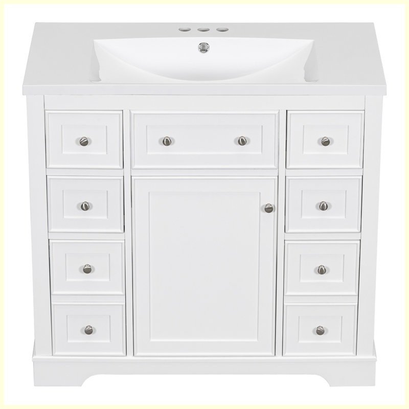 Ensemble de meuble-lavabo moderne avec lavabo et six tiroirs, Blanc / Blanc