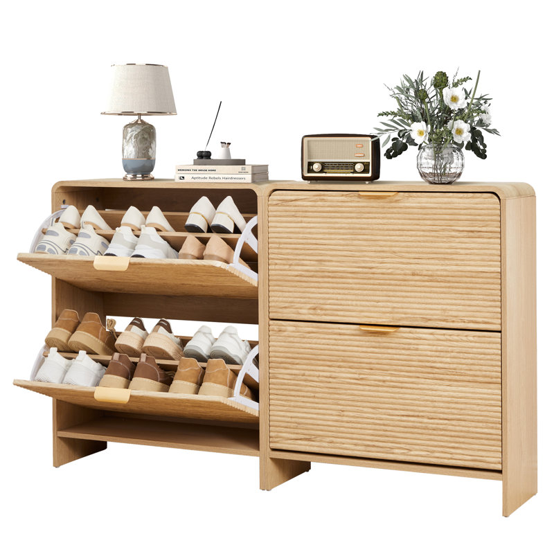 16 Pair Shoe Storage Cabinet With 2 Flip Drawers, Natural