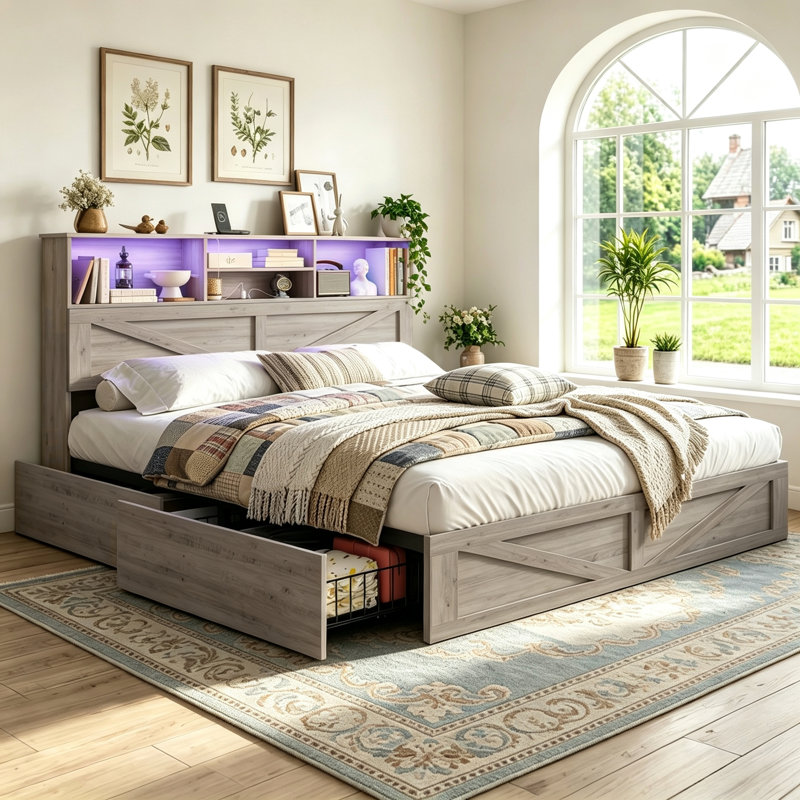 Farmhouse Wood Bed Frame with Bookcase Storage Headboard, 5 Drawers & LED Lights, Grey Wooden Platform Bed with Charging Station, Barn Door Design, No Box Spring Needed