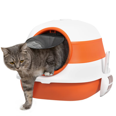 Cat Litter Box with Lid, White and Orange