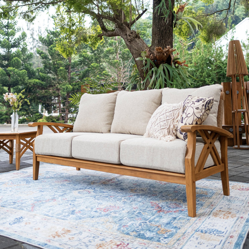 Cotesfield 77.5'' Wide Outdoor Teak Patio Sofa with Cushions, Tan Performance Basketweave