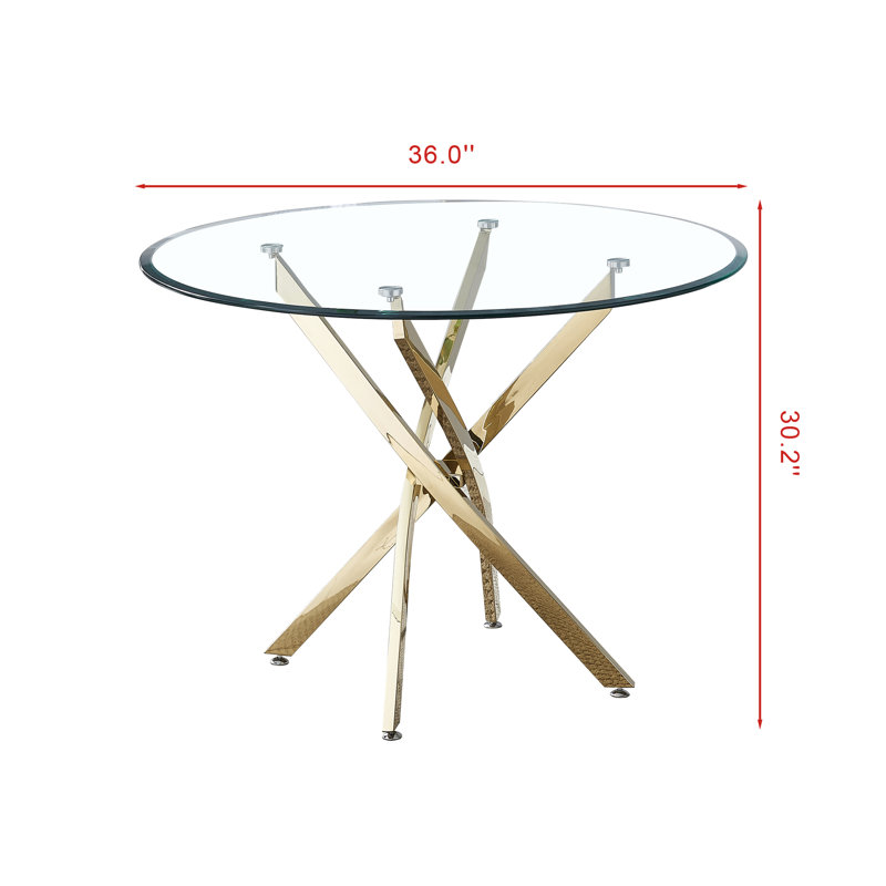 Table en verre trempé de 36 pouces avec base dorée et support pour pieds de salle à manger ronds modernes