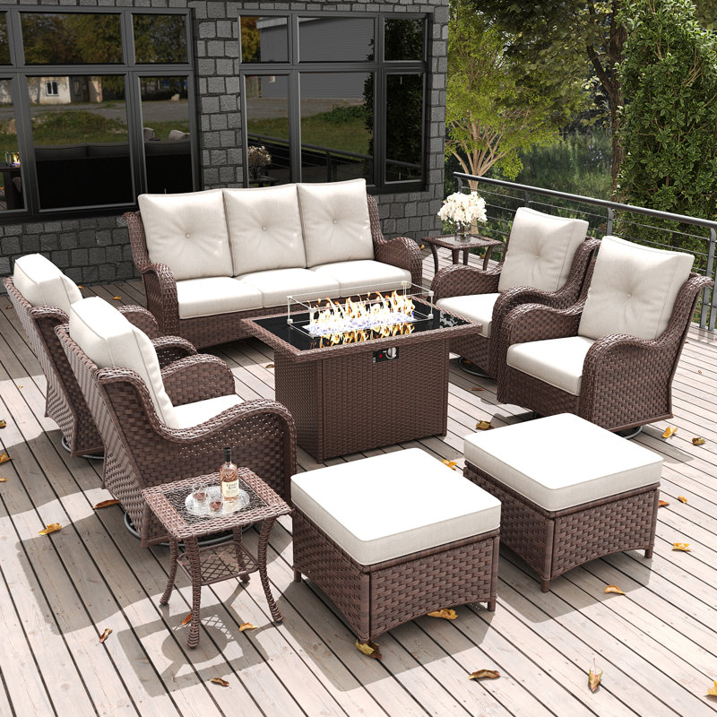 LayinSun 10 Pieces Outdoor Patio Furniture Set With Fire Pit Table, Beige, Brown